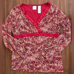 Emma James Burgundy Red Patterned Mesh Sleeve Blouse